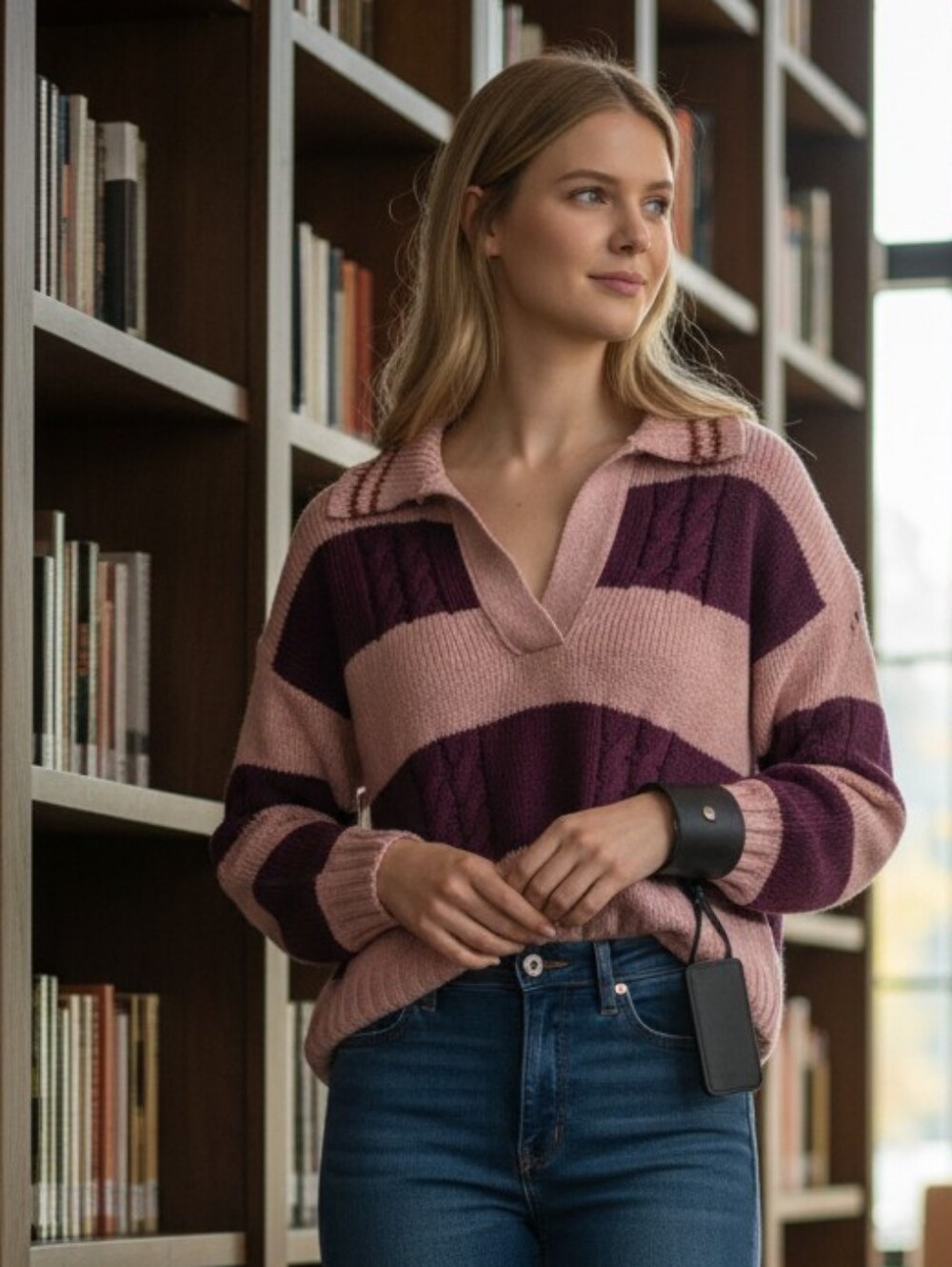 Free People V-Neck Sweater in Purple and Pink